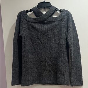 Off-the-Shoulder Ribbed Knit Sweater in Dark Gray
